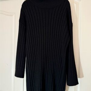 Black Cowl Neck Sweater with Ribbed Texture and Long Sleeves